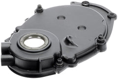 Dorman 635-502 front view showing full timing cover and bolt locations for accurate fit