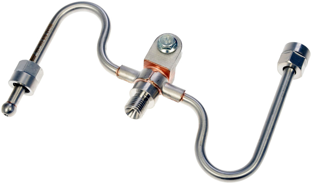Dorman intermediate fuel injector line front view showing fit and mounting hardware for easy replacement