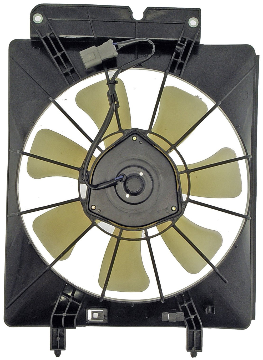 Dorman condenser fan assembly front view showing mounting points and easy fit