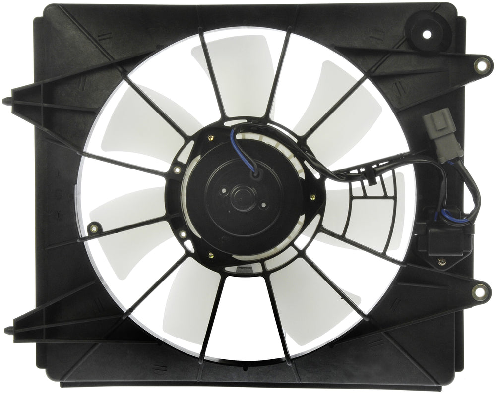 Dorman condenser fan assembly front view showing complete unit and mounting points for easy installation