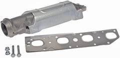 Dorman passenger-side exhaust manifold front view showing mounting points and fit benefit