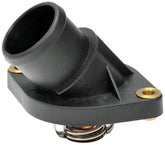 Dorman thermostat housing front view showing mounting points and fit benefit