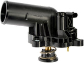Dorman thermostat housing front view showing shape and mounting points for direct fit