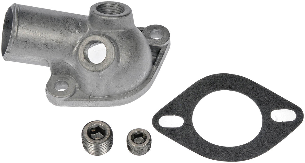 Dorman thermostat housing front view showing mounting points and fit benefits