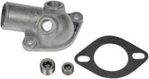 Dorman thermostat housing front view showing mounting points and fit benefits