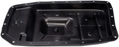 Dorman transmission pan installed under vehicle demonstrating proper fit
