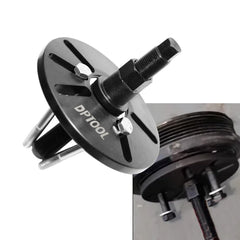 DPTOOL puller mounted on an engine pulley illustrating safe, even extraction