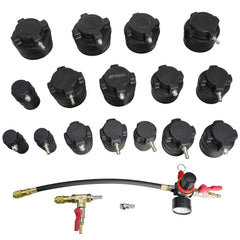 DPTOOL array of 16 stepped adapters demonstrating multi-diameter fitment to seal diverse turbo hoses