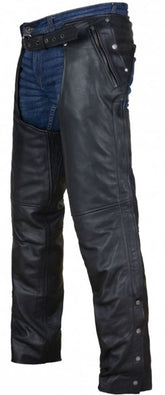 Dream Apparel front view of black leather chaps showing fit and protection