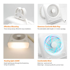 Dream lighting fan blade detail showing two-speed airflow and quiet benefit