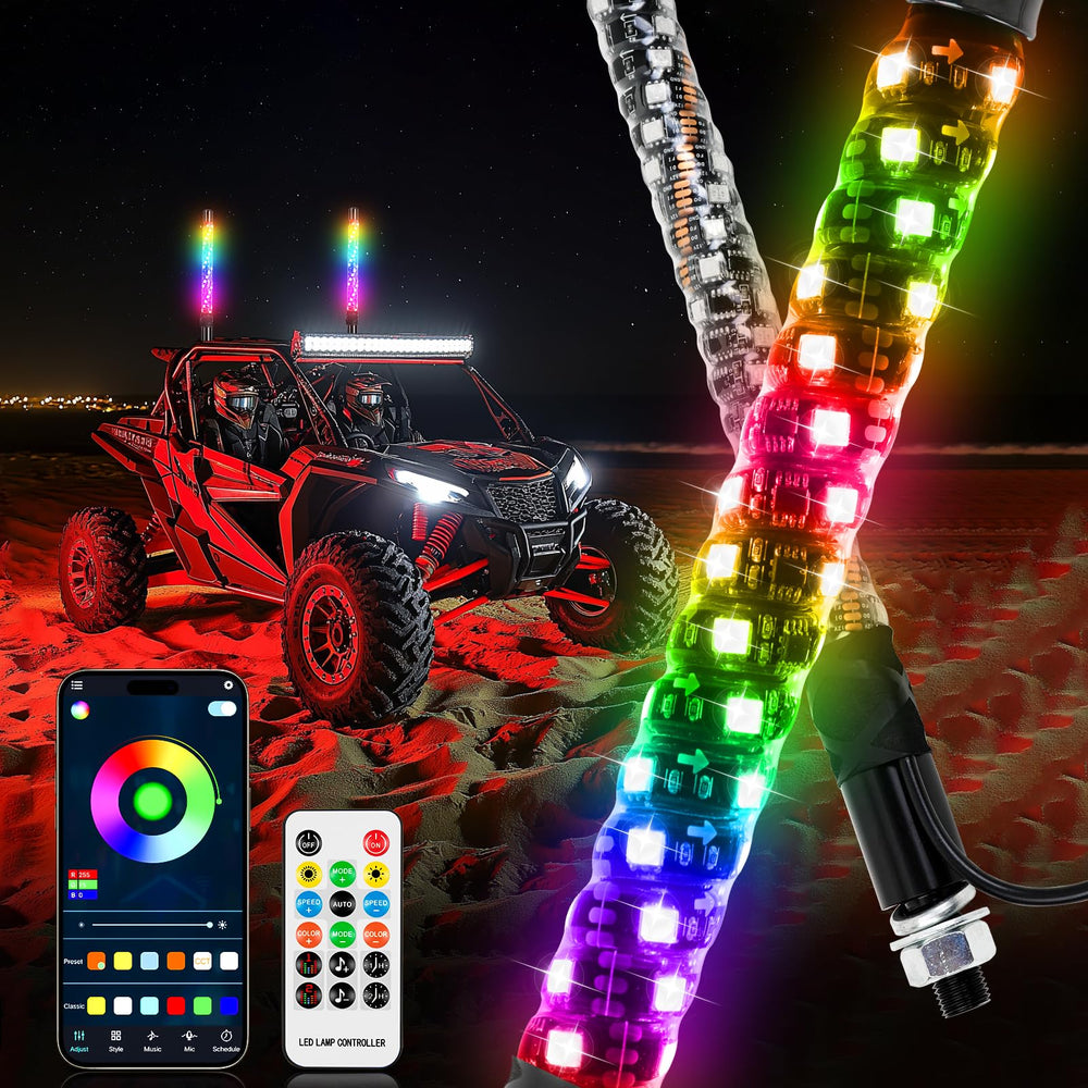 DREAMIZER front view of paired 1ft whip lights showing bright colors and visibility