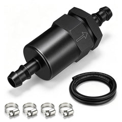 Dreyoo billet inline fuel filter front view showing compact durable housing and clean look