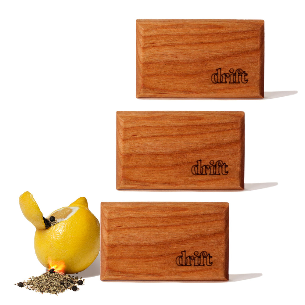 drift front packaging showing three wood scent blocks with clear labeling and premium look