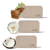 drift front packaging showing three stone fresheners and metal clip, highlights scent variety