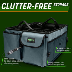 DRIVE organizer loaded with groceries in SUV trunk keeping items upright and separated