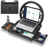 DriVie front view of tray on steering wheel showing stable workspace and quick setup