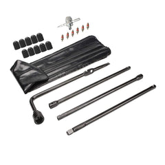 Dr.Roc front view of complete spare tire tool kit showing included pieces and benefits