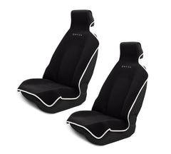 Dryva front view showing two black seat covers and brand, protects seats from spills