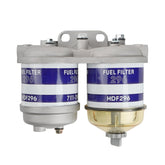 Dtomi double fuel filter front assembly showing compact design and easy replacement benefit