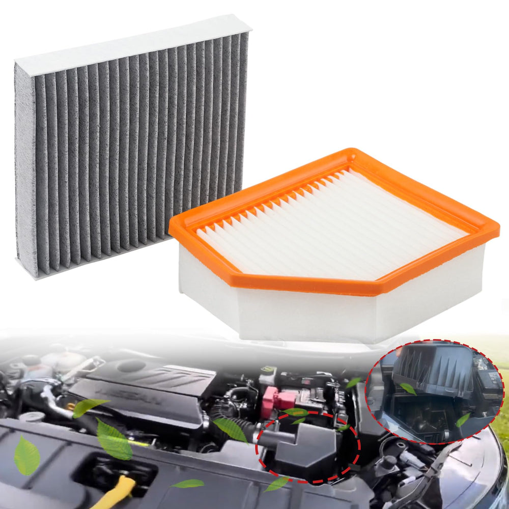 Dtomi front view of engine and cabin filter pack showing complete set and benefits