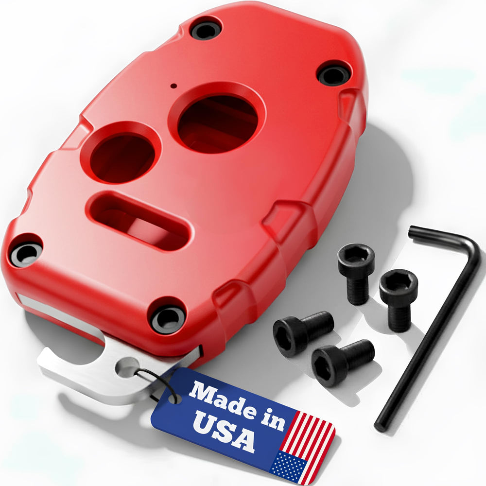 Dubbs Hardware front view of red 3-button shell showing secure fit benefit