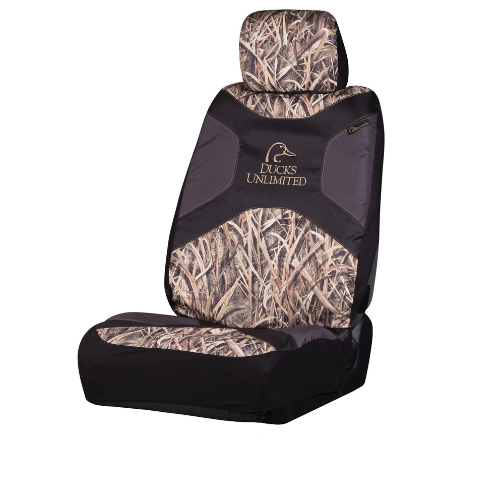 Ducks Unlimited front view seat cover showing full Mossy Oak Blades logo and protective fit