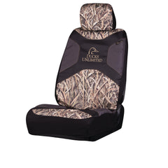 Ducks Unlimited front view seat cover showing full Mossy Oak Blades logo and protective fit