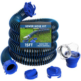DUMPMAN front view of 15ft sewer hose kit showing contents and benefits