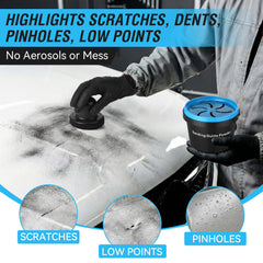 Dunkive powder applied on panel while sanding showing clear defect visibility and faster inspection