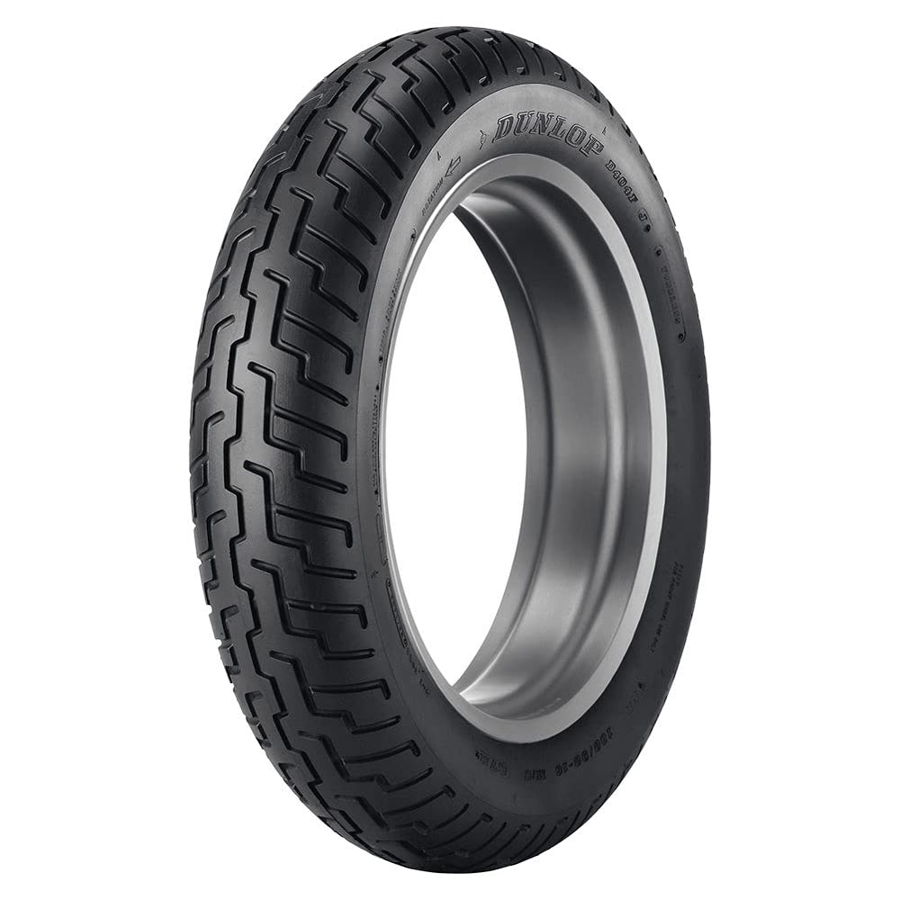 DUNLOP D404 front view on rim showing profile and fit benefits