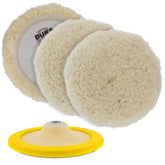 Dura-Gold front packaging showing three 8" wool pads and backing plate, fast setup benefit