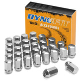 dynofit chrome lug nuts front packaging showing 32-piece set and fitment, durable replacement