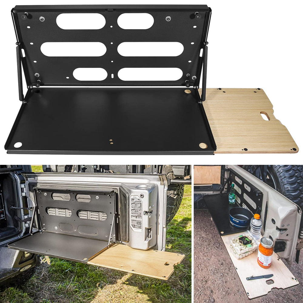 E-cowlboy front view of drop down tailgate table showing sturdy surface and fit