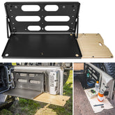 E-cowlboy front view of drop down tailgate table showing sturdy surface and fit