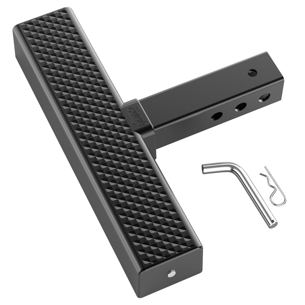 Eapele hitch step front view showing wide platform and secure stance benefit
