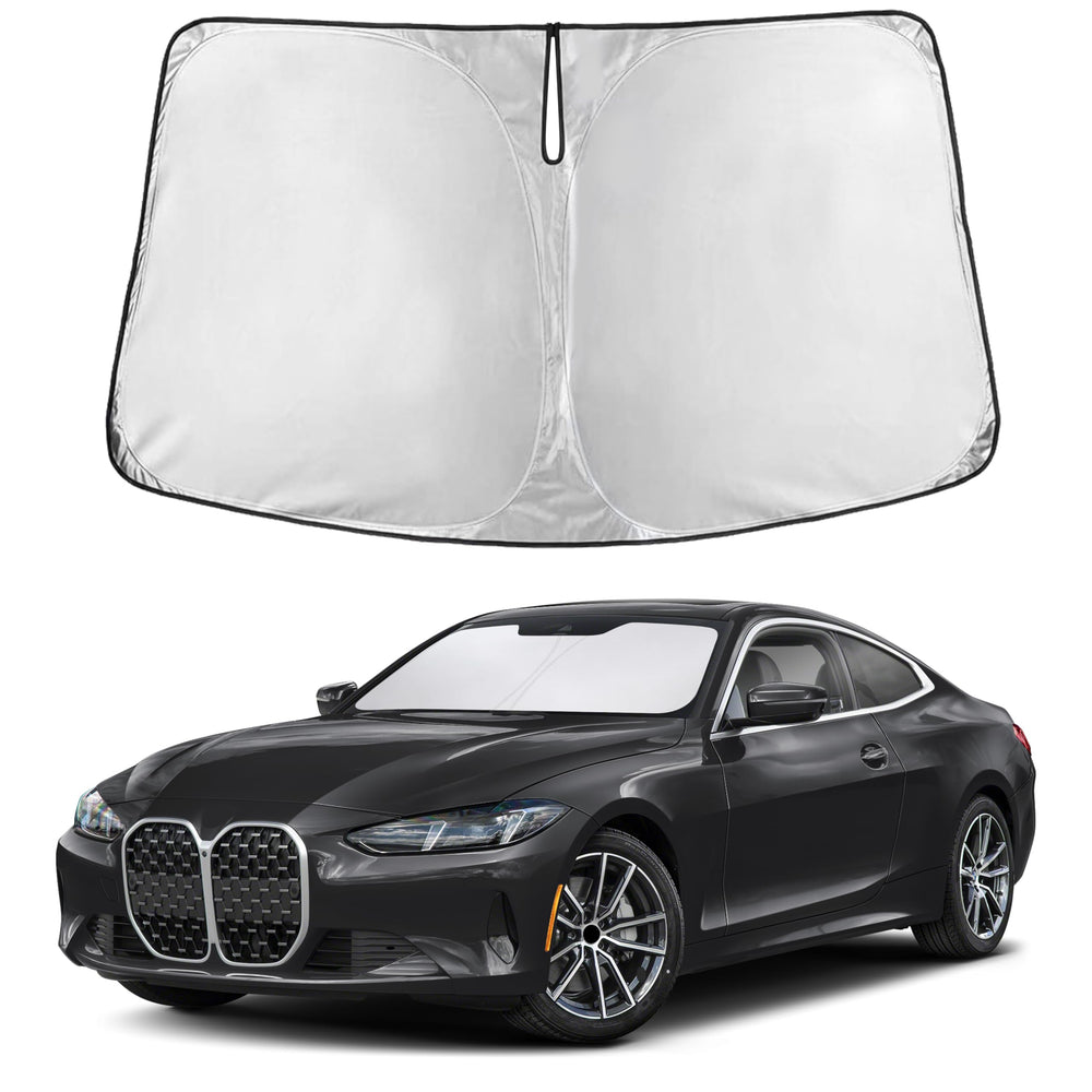 EcoNour front view showing exact BMW 4 Series windshield fit and full coverage benefit