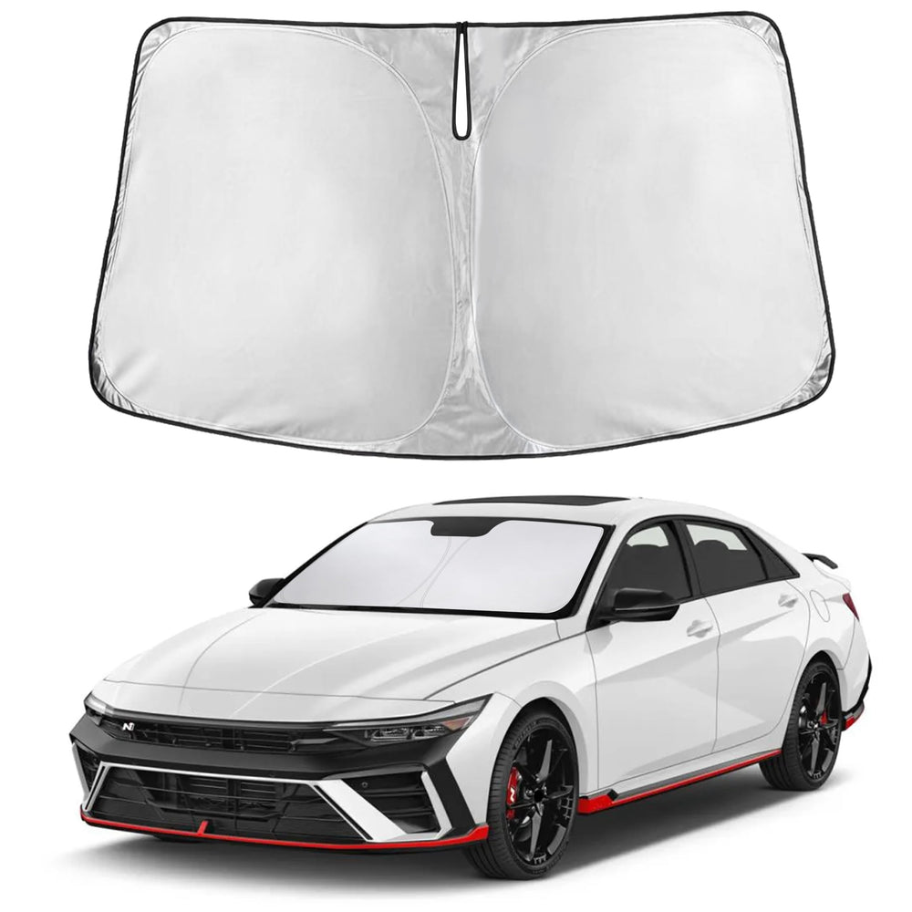 EcoNour sunshade front view fitted on Hyundai Elantra showing full windshield coverage
