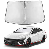EcoNour sunshade front view fitted on Hyundai Elantra showing full windshield coverage