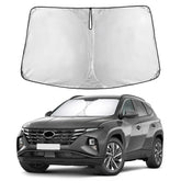 EcoNour windshield sunshade front fit on Hyundai Tucson showing full coverage and protection
