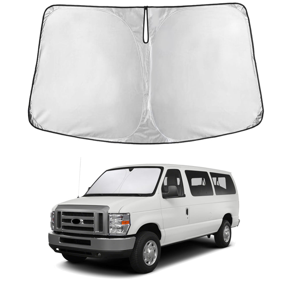 EcoNour front installed on Econoline windshield showing full coverage and neat fit
