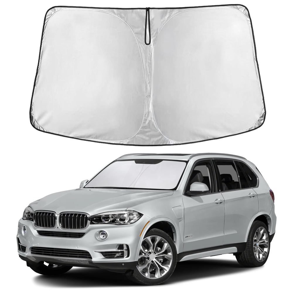 EcoNour front view showing fitted sunshade on BMW X5 windshield protecting interior