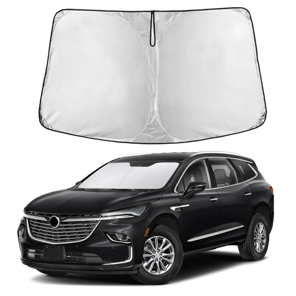 EcoNour front view of sunshade showing full Buick Enclave windshield fit and instant cooling benefit