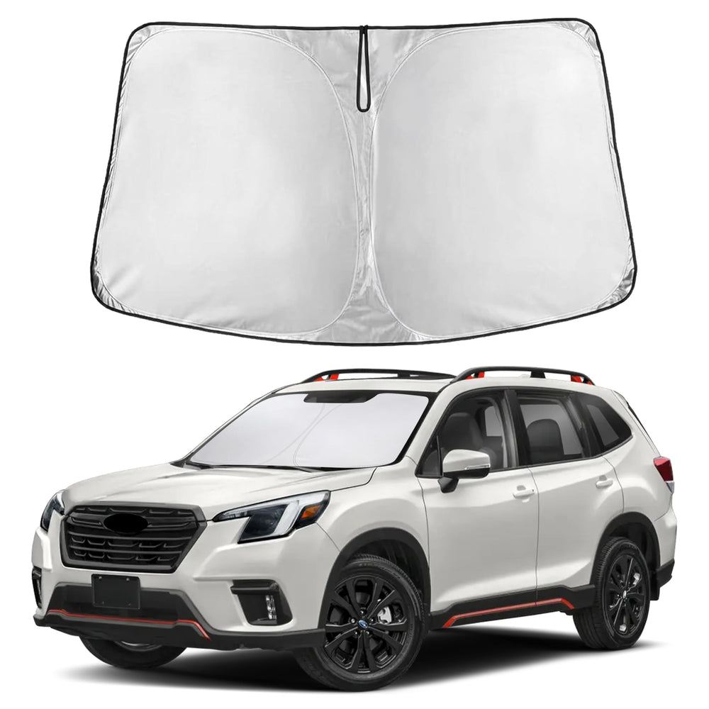 EcoNour front view of sunshade sized for Subaru Forester, provides full windshield coverage