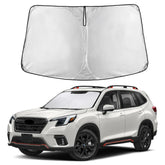 EcoNour front view of sunshade sized for Subaru Forester, provides full windshield coverage