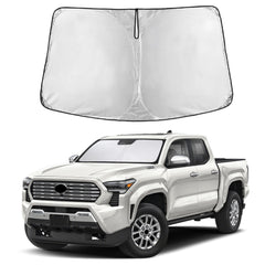 EcoNour front view of tailored Tacoma windshield shade, shows full-coverage benefit