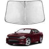 EcoNour front view fitted to Dodge Charger windshield showing full coverage and protection