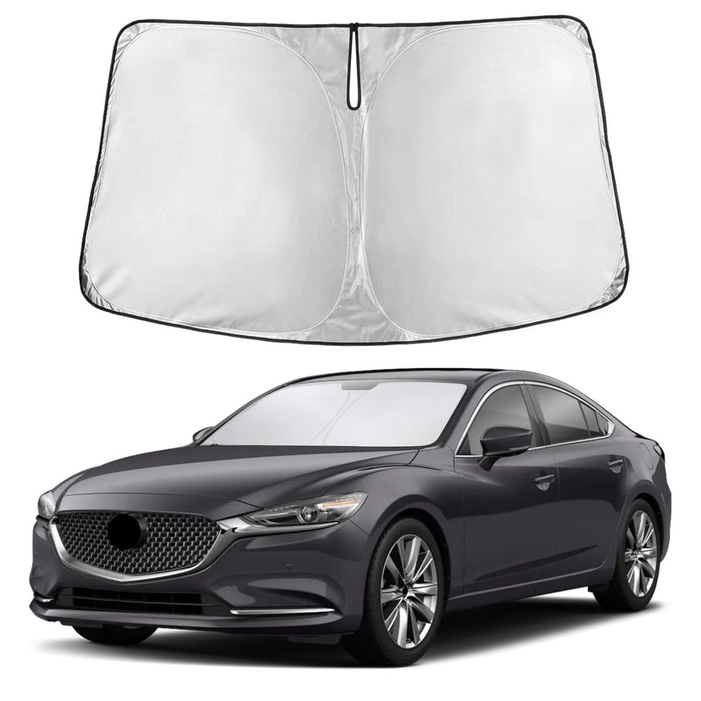 EcoNour front view fitted on Mazda 6 windshield showing full coverage and fit benefits