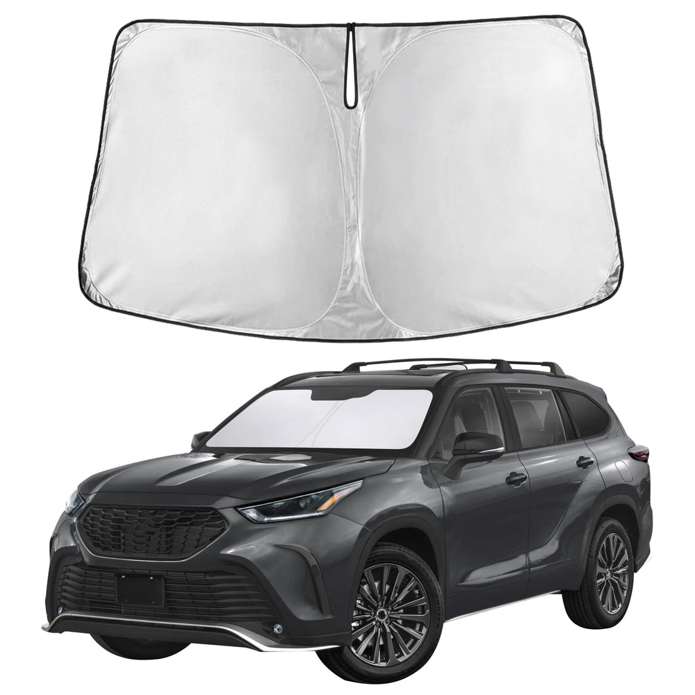 EcoNour front view sunshade fitted in Highlander showcasing full windshield coverage benefit