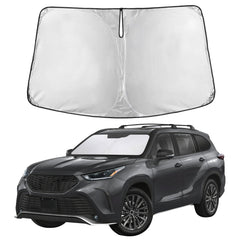 EcoNour front view sunshade fitted in Highlander showcasing full windshield coverage benefit