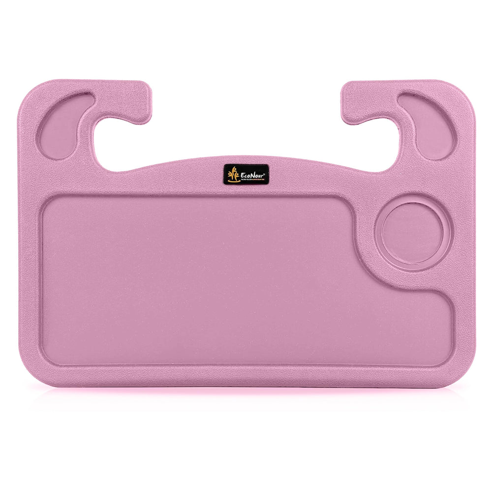 EcoNour pink steering wheel tray front view shows compact portable desk